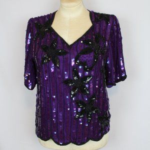 1980s Stenay Silk Purple and Black Beaded Top Medium